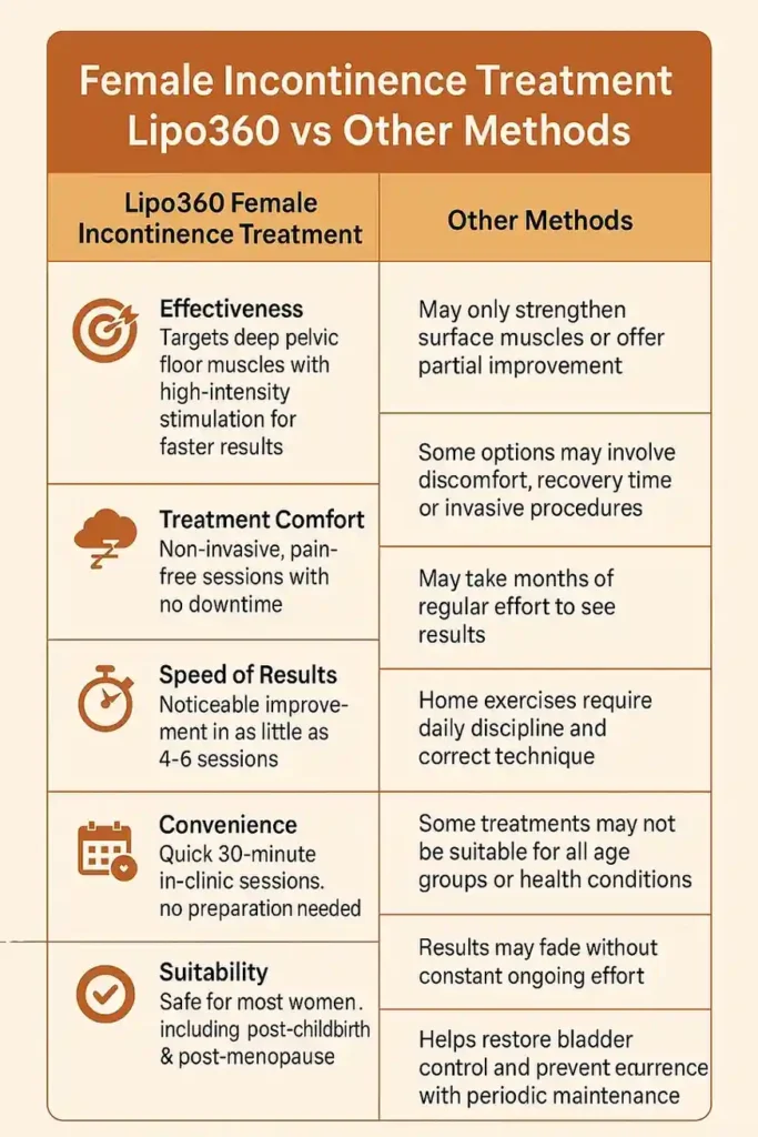 Table showing benefits of incontinence treatment Portsmouth 