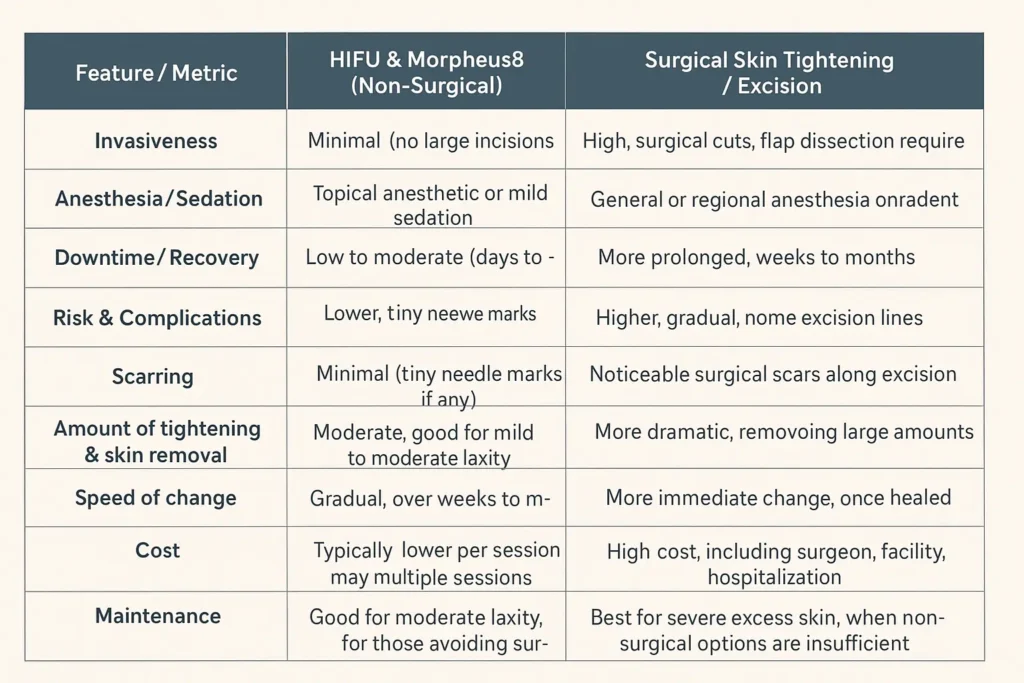Table of skin tightening Portsmouth  benefits compared to surgical options